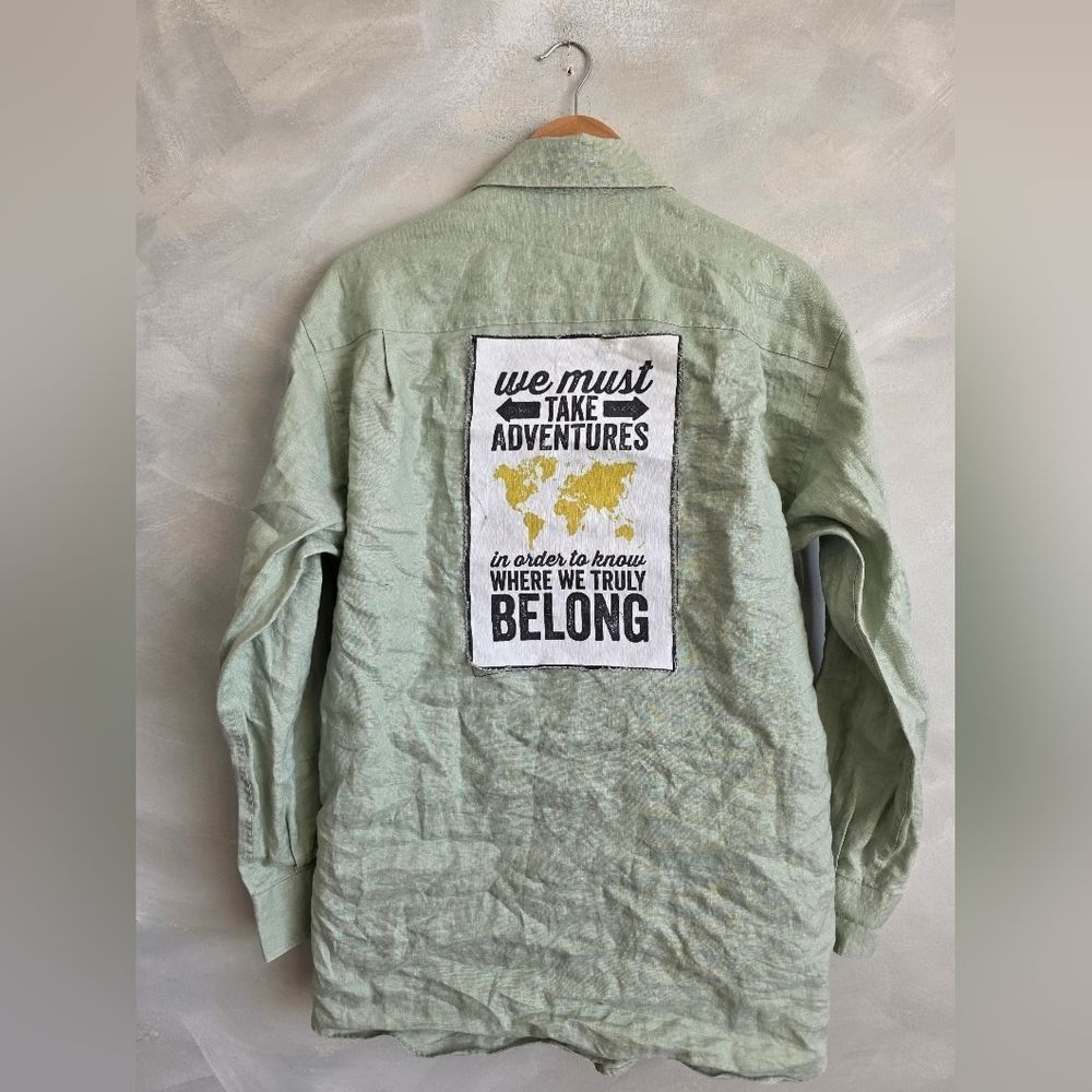 Men's Linen Long Sleeve Green Button Down Adventure Patch Top Sz M